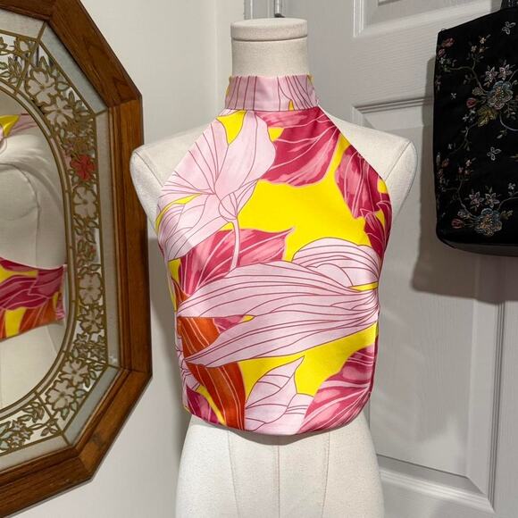 NWT Sigrid Olsen Pink & Yellow Satin Sleeveless Tie Back Cropped Halter Top S - Picture 1 of 7